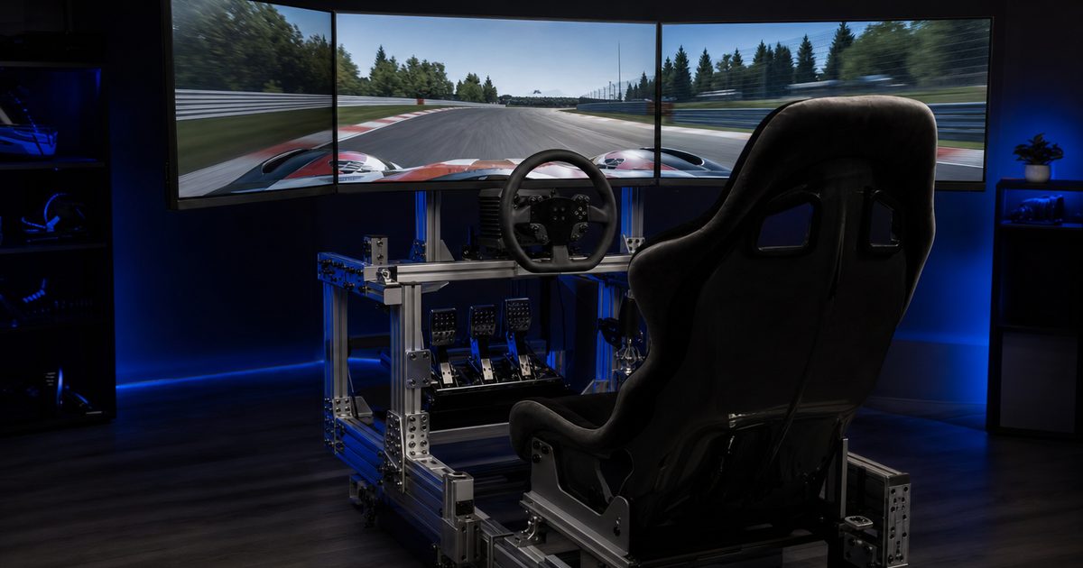 A complete aluminium-profile sim-racing cockpit with a bucket seat, direct-drive wheel, pedals and a triple-monitor stand.