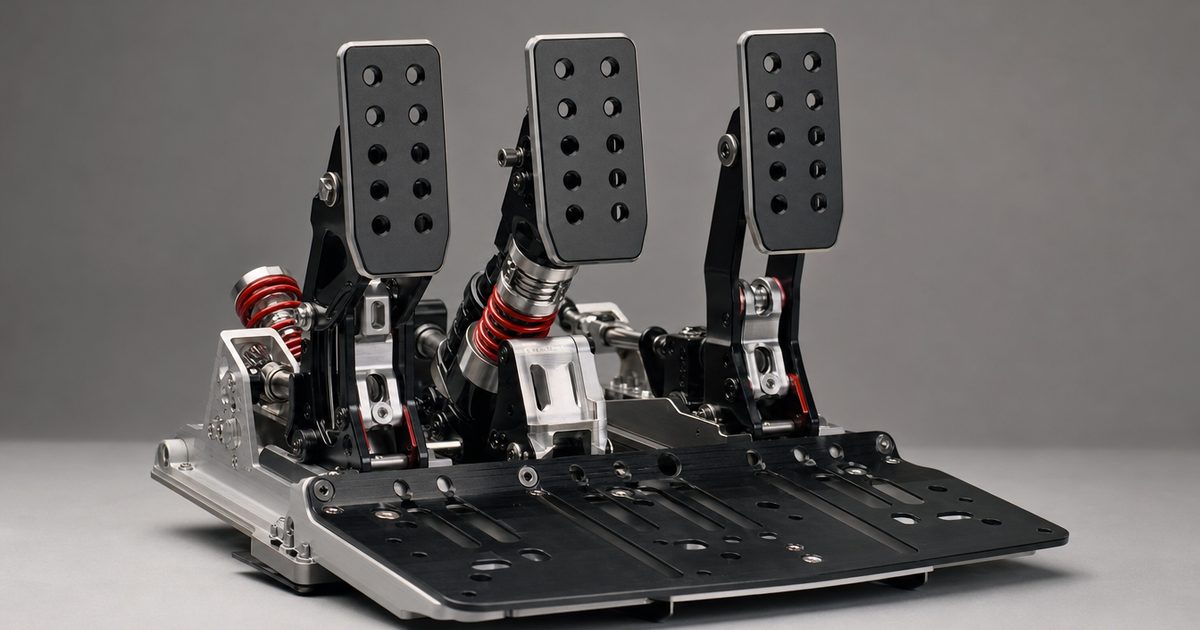 A high-end three-pedal sim-racing pedal set with a load-cell brake, throttle and clutch on a heel plate.