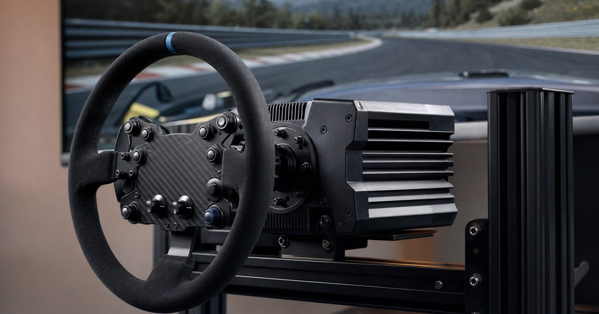A direct-drive sim-racing wheelbase with a round steering wheel attached, mounted on an aluminium-profile rig.