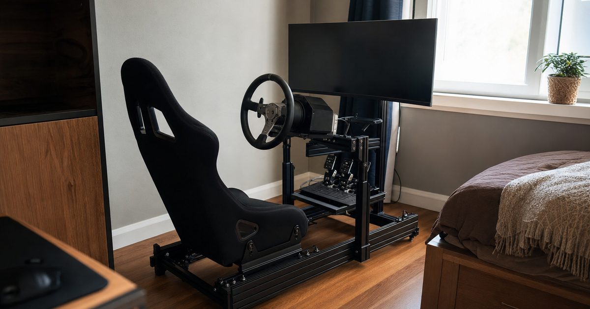 A first sim racing rig in a spare room with wheel, pedals and a single monitor.