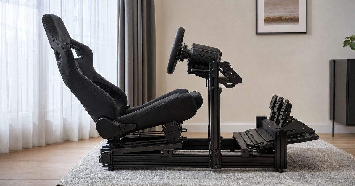 A sim racing cockpit seat and pedal plate set up for a comfortable driving position.