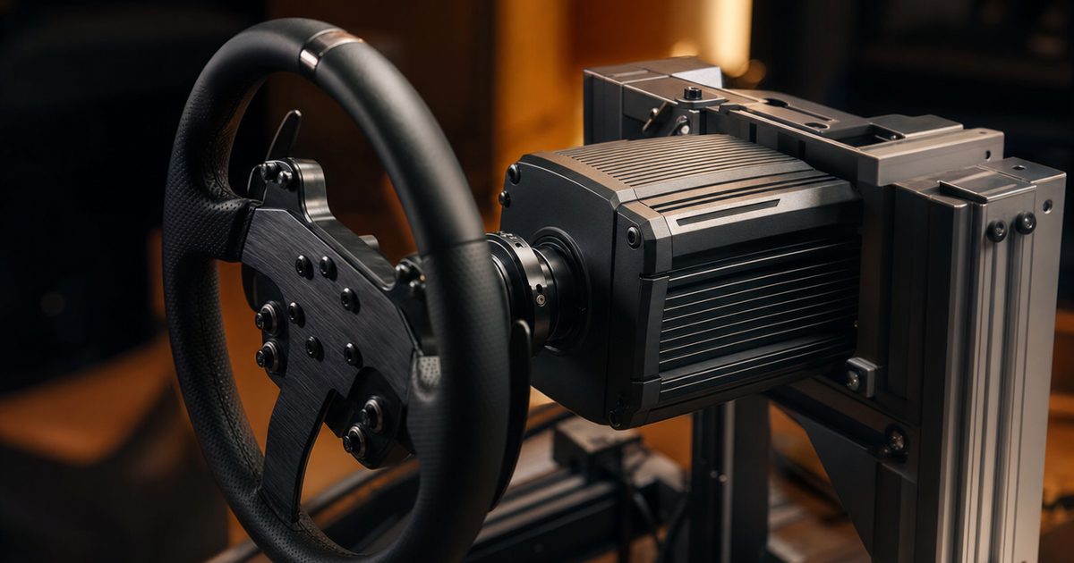 A sim racing rig with a steering wheel mounted, ready to drive.