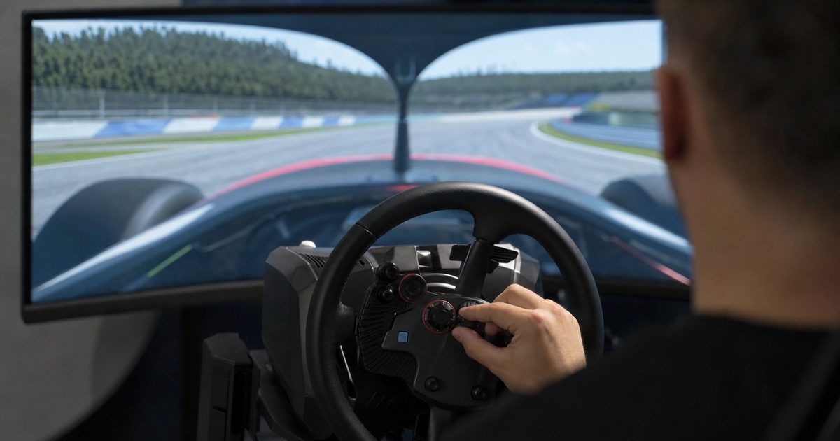 A sim racing wheel and rig with a monitor showing a force feedback meter.