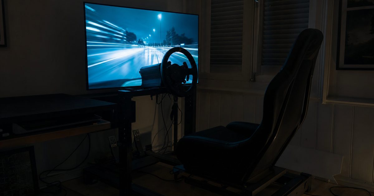 A spare-room sim racing rig with a wheel mounted to a desk, lit by a monitor.