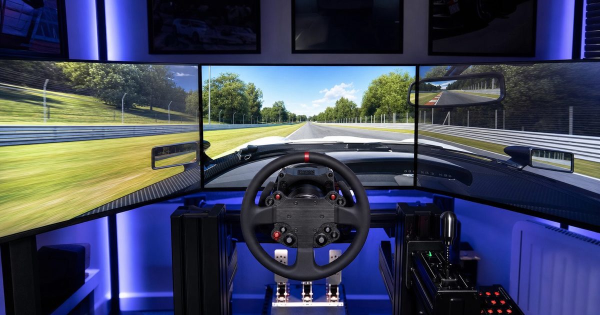 A sim racing rig with monitors showing a racing sim, wheel and pedals in front.