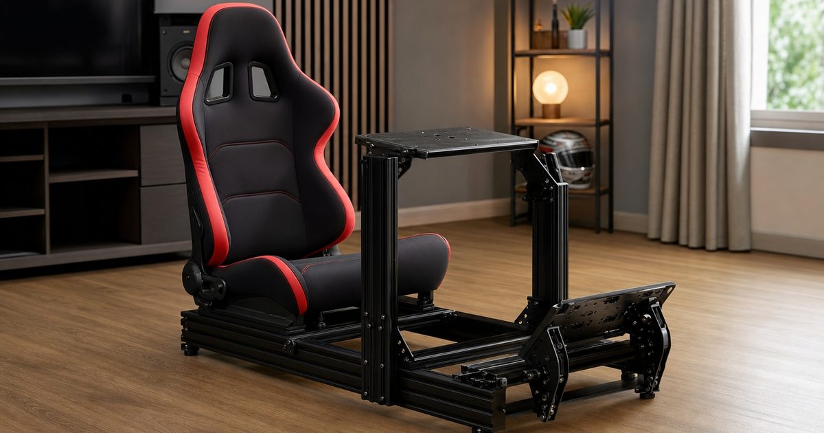 An empty aluminium-profile sim-racing cockpit with a racing bucket seat in a modern home games room.