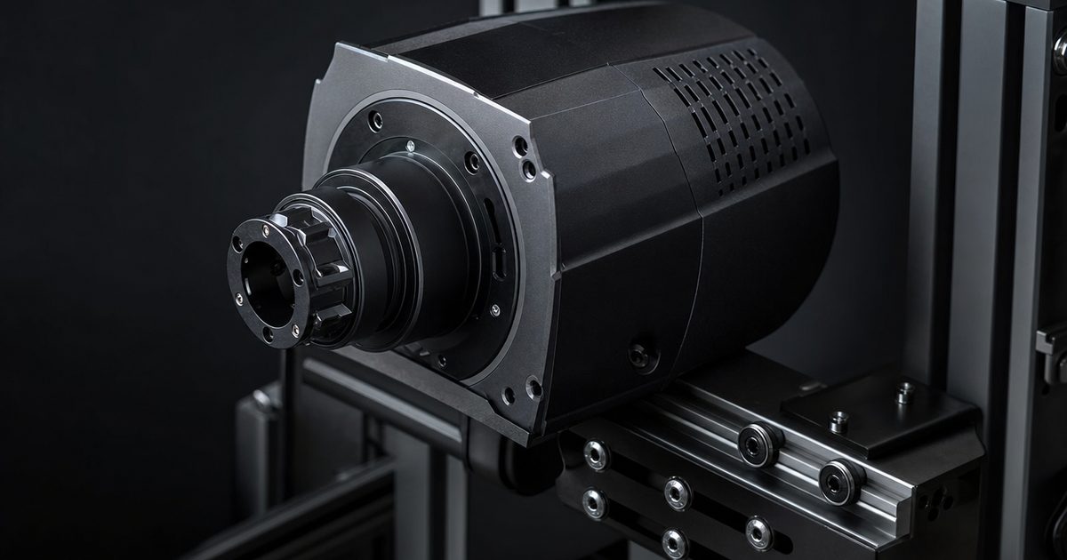 Close-up of a black direct-drive sim-racing wheelbase unit bolted to an aluminium-profile rig mount.