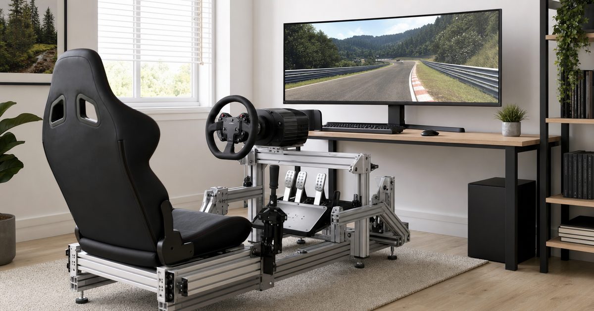 A beginner-friendly home sim-racing setup with an aluminium-profile cockpit frame, direct-drive wheel, load-cell pedals and a single monitor.
